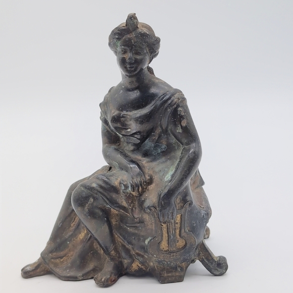 Antique Greek Muse With Lyre Metal Statue - Picture 2 of 8
